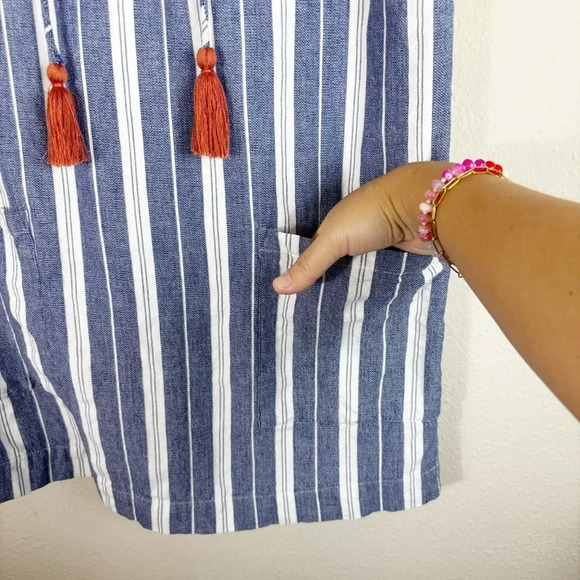 Tularosa Revolve Tunic Top Size S Blue White Striped Tassel Coverup 100% Cotton - Picture 6 of 13